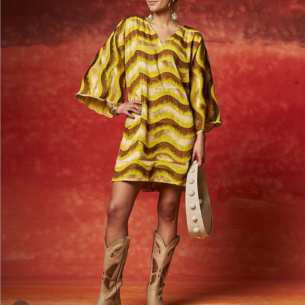 Yellow and Brown Wave Pattern Caftan Dress